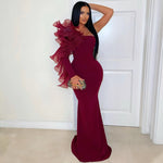 Elegant Single Ruffle Sleeve Fitted Maxi Dress Burgundy