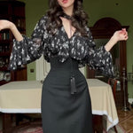 Black Floral Chiffon Overlay & Bodycon Midi Skirt 2-Piece Set With Tassel Belt