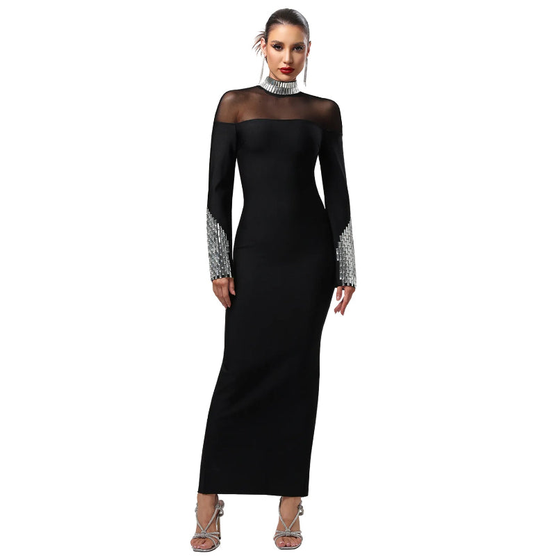 Elegant High Neck Long Sleeve Fitted Sequined Dress - black