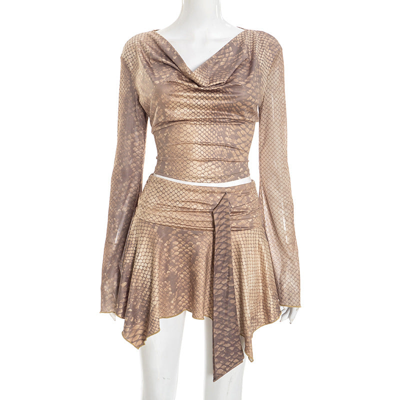 Snake Print Long Sleeve Top & Asymmetric Mini Skirt Set
