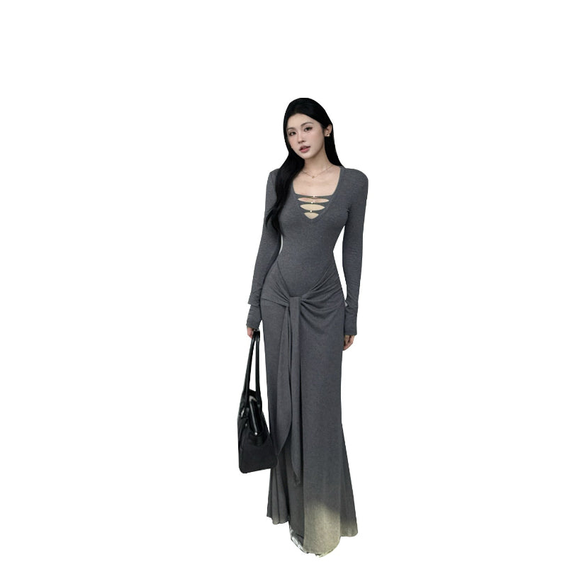The Edgy Knit: V-Neck Hollow Midi Dress