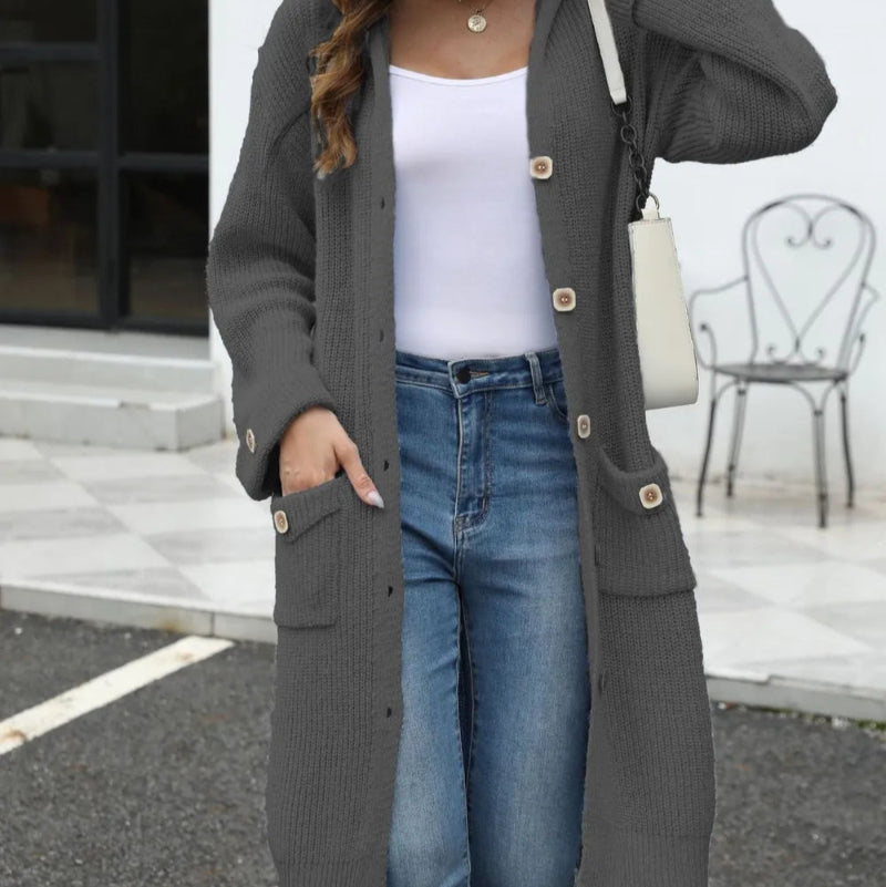 Pocketed Button Up Long Sleeve Hooded Cardigan - runwayfashonista.com