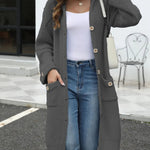 Pocketed Button Up Long Sleeve Hooded Cardigan - runwayfashonista.com