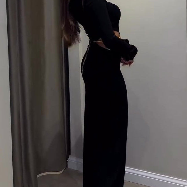 Black Cutout Waist Long-Sleeve Maxi Dress-Includes Waist Chain