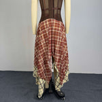 Brown Corset Top & Plaid Asymmetrical Midi Skirt 2-Piece Set