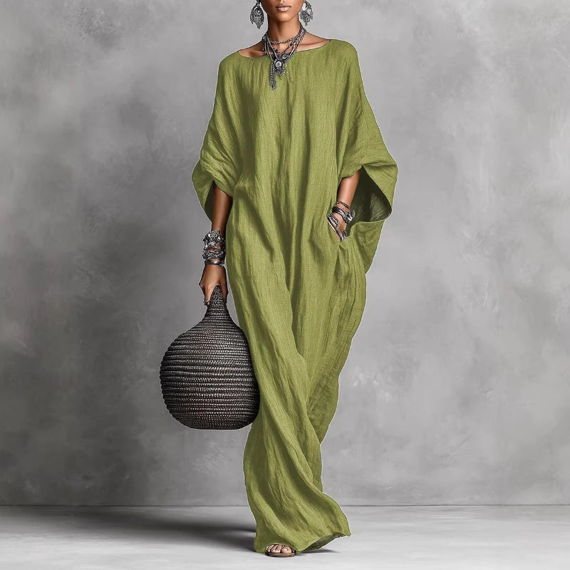 Relaxed Batwing Sleeve Maxi Dress with Pockets - green