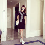 Elegant Short-Sleeved A-Line Shirt Dress - black