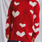 Heart Round Neck Dropped Shoulder Sweater - runwayfashionista.com