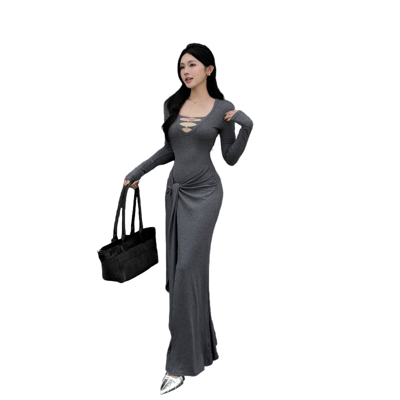 The Edgy Knit: V-Neck Hollow Midi Dress