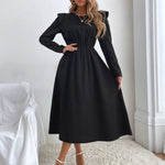 Ruched Ruffled Round Neck Long Sleeve Dress - runwayfashionista.com