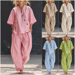 Loose-fit V-neck Top And High-waist Trousers - pink