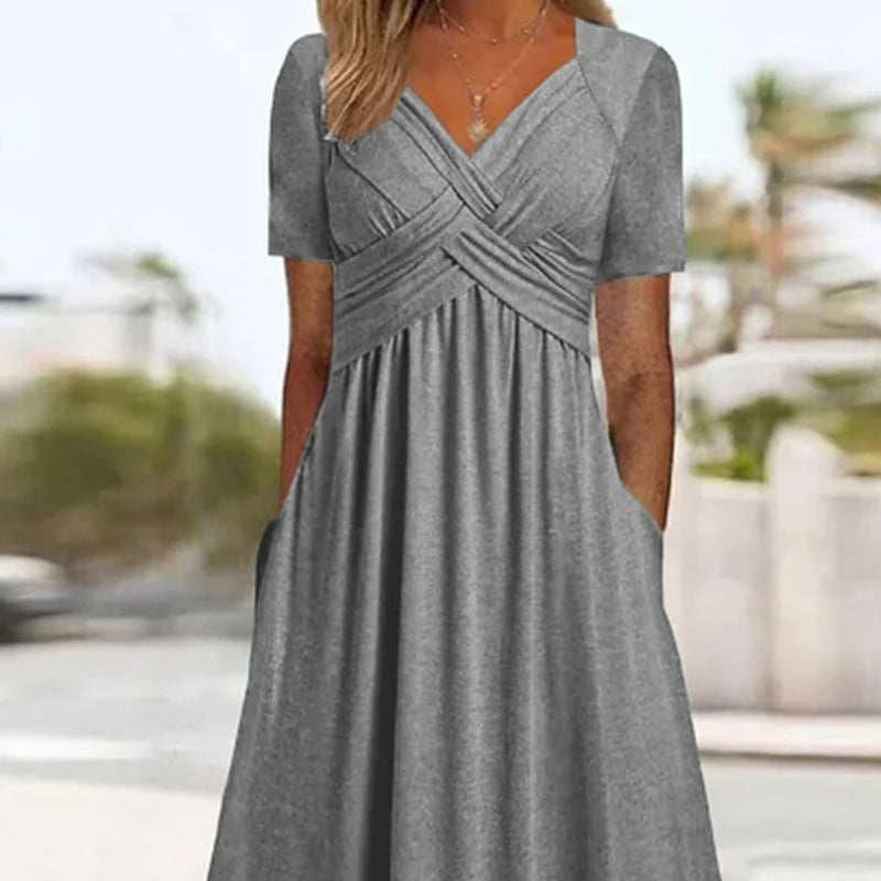 Gemini saidEffortless Chic: The V-Neck Short Sleeve Pocket Midi Dress - grey