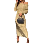 One-Shoulder Split Midi Dress with Off-Shoulder Design - gold