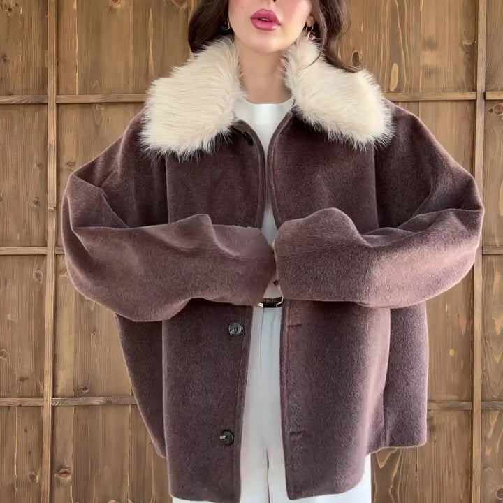 Brown Oversized Coat With White Faux Fur Collar