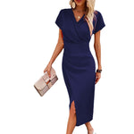 Short-sleeved Midi Dress - Navy