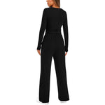 2 Pieces Long Sleeve Tops High Waisted Wide Leg Pants - black