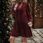 V-Neck Puff-Sleeve Velvet Mini Dress - wine red