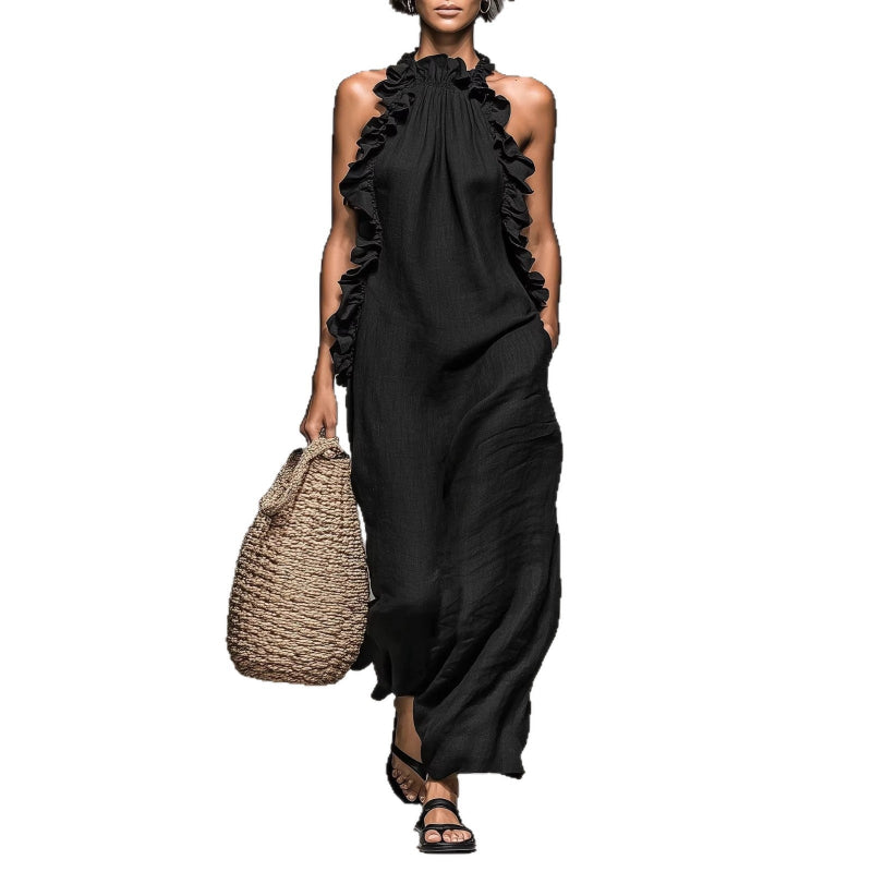 Resort Style Ruffled Halter Neck Sleeveless Maxi Dress - black