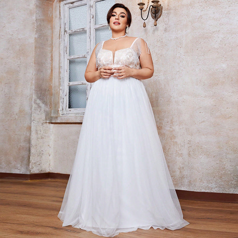 Plus-Size Bridal Gown — Illusion-Lace Bodice, Beaded Fringe Shoulder, Tulle A-Line Floor-Length — Curve Sizes 0XL–4XL