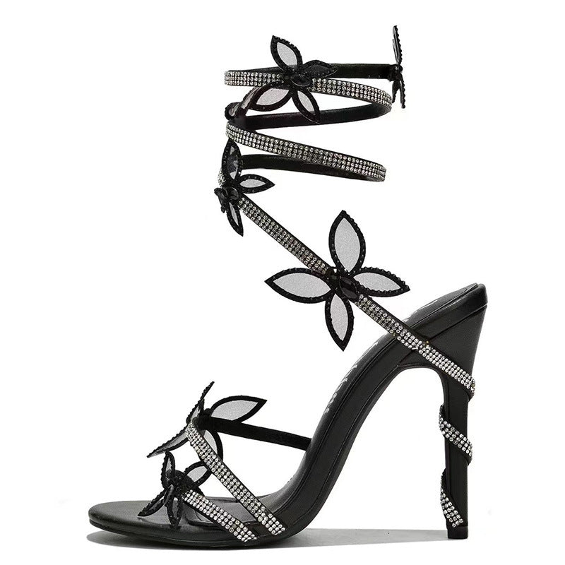 Snake Butterfly Rhinestone Flower Stiletto Heels