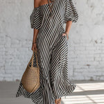 Striped Print Short-Sleeved Maxi Dress - black
