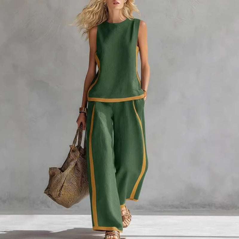 Round-neck Sleeveless Vest Top And High-waist Wide-leg Pants - green