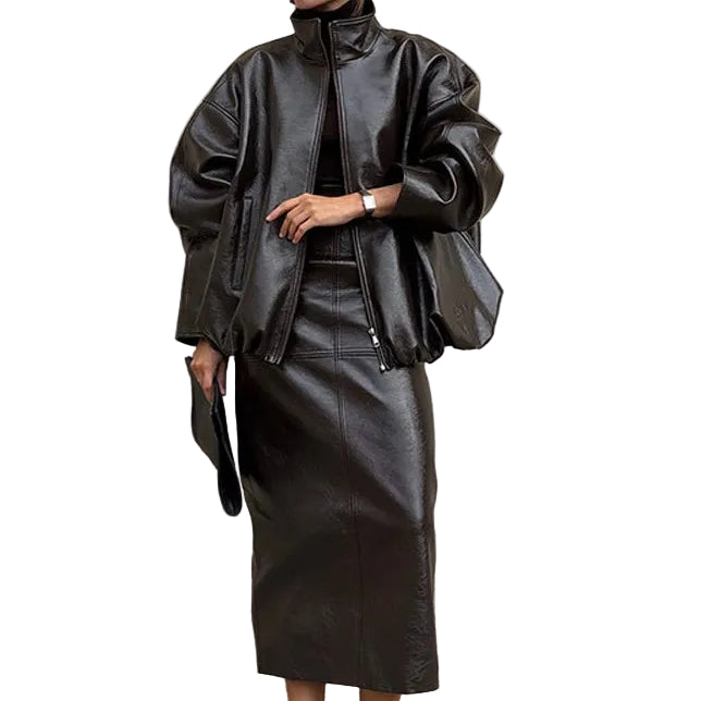 Faux Leather Batwing Zip Jacket & Fitted Midi Skirt Co-Ord - black