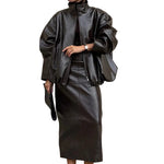 Faux Leather Batwing Zip Jacket & Fitted Midi Skirt Co-Ord - black