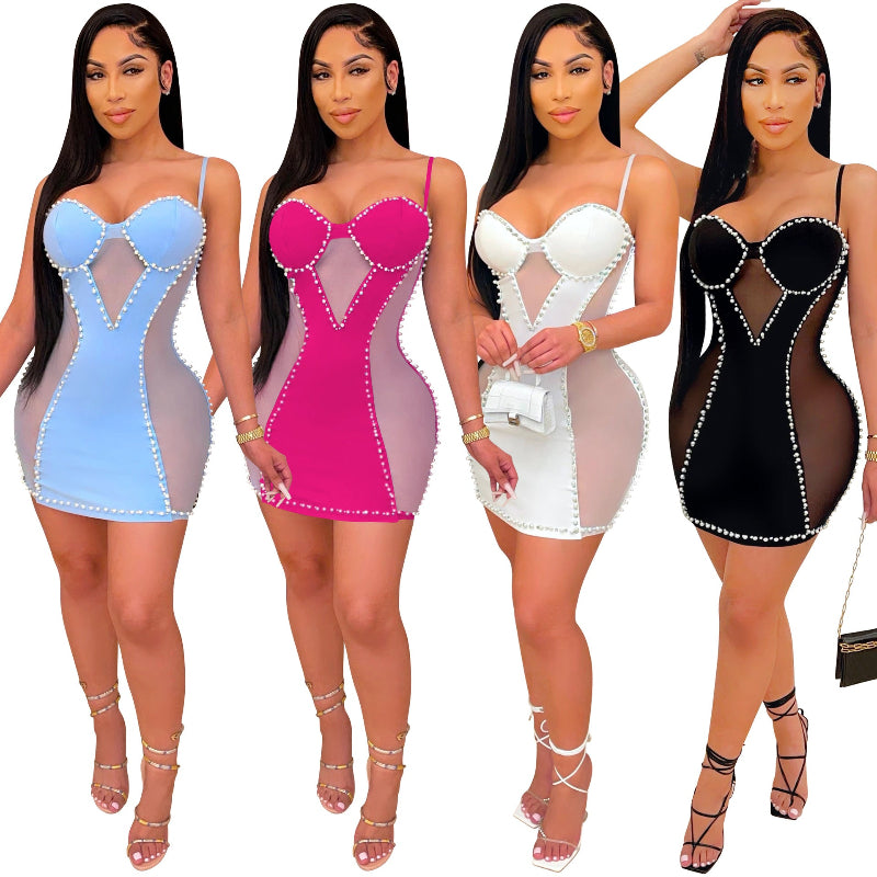 Small Strap Bodycon Sexy Mesh Mini Dress