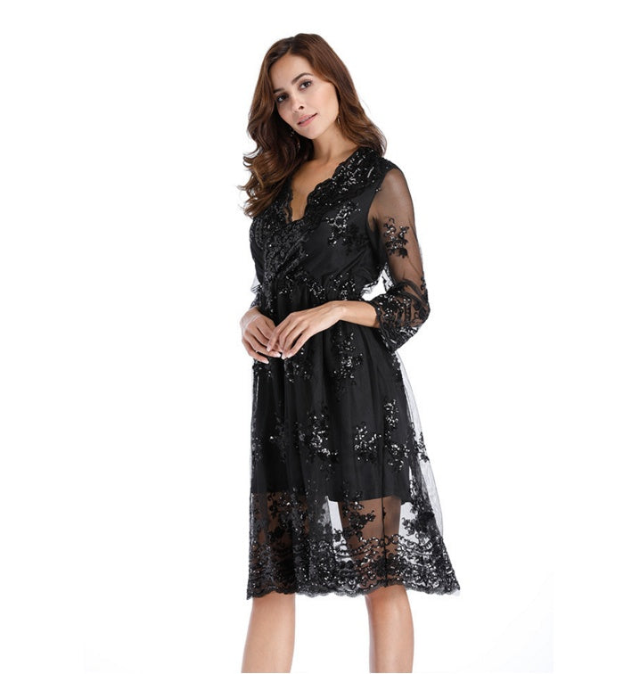 Floral Sequin V-Neck Midi Dress - black