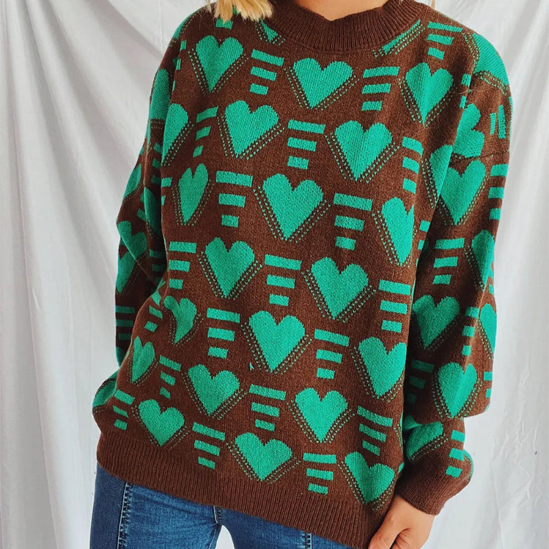 Heart Contrast Long Sleeve Dropped Shoulder Sweater -runwayfashionista.com
