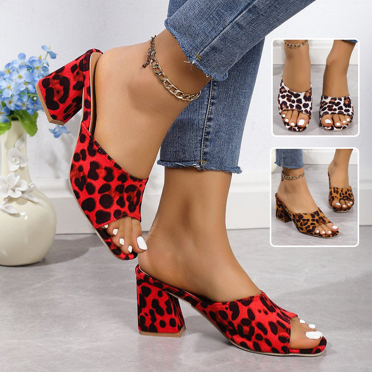 Leopard Square Toe Sandals - red