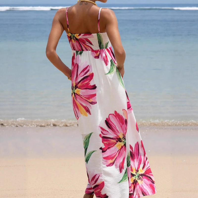 Bohemian Print Large Flower Pocket Maxi Dress - Pink
