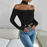 Off shoulder slim knit long sleeved temperament top - runwayfashionista.com