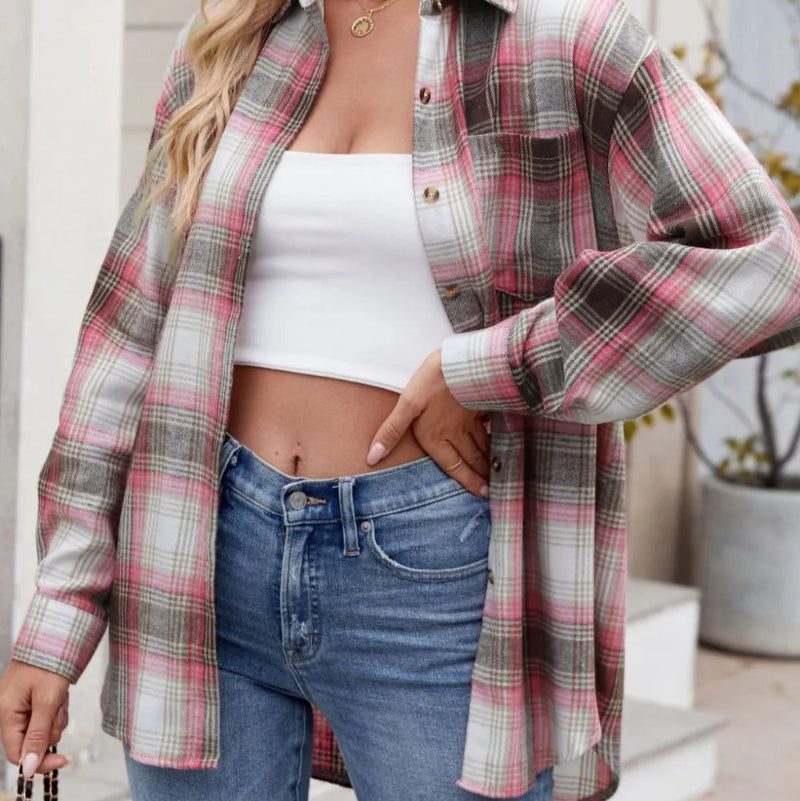 Plaid Collared Neck Long Sleeve Shirt - runwayfashionista.com