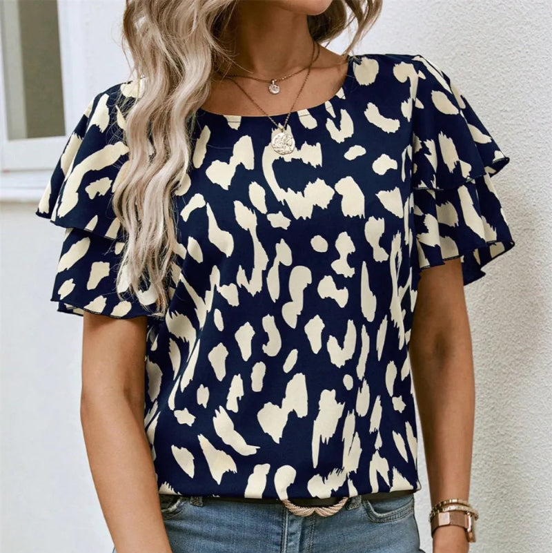 Ruffled Printed Round Neck Short Sleeve Blouse - runwayfashionista.com