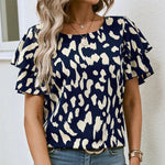 Ruffled Printed Round Neck Short Sleeve Blouse - runwayfashionista.com