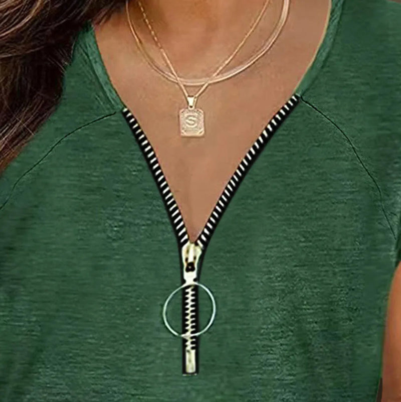 Full Size Half Zip Cap Sleeve T-Shirt -runwayfashionista.com