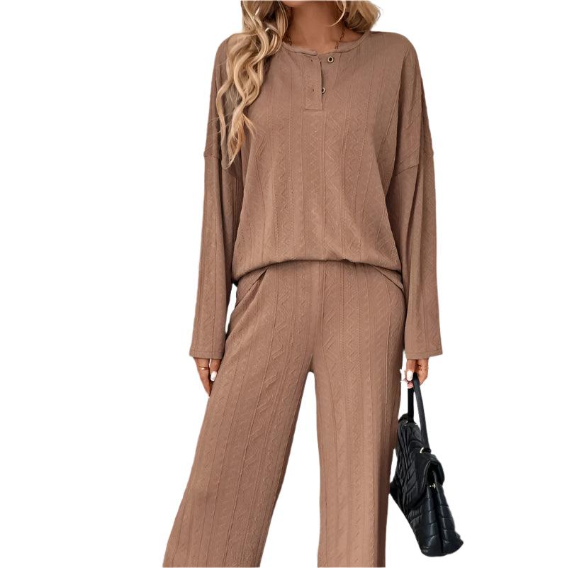 Quarter button long sleeve top and pants set-runwayfashionista.com