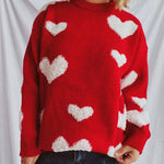 Heart Round Neck Dropped Shoulder Sweater - runwayfashionista.com