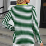 Striped Notched Long Sleeve T-Shirt - runwayfashionista.com