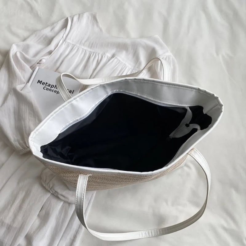 Chic Straw Weave Tote with Leather Straps - runwayfashionistacom