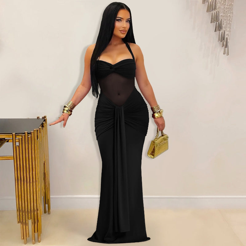 Sheer Mesh Halter Tie-Back Maxi Dress - black