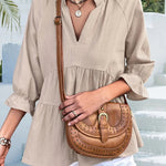 Ruffled Notched Three-Quarter Sleeve Blouse -runwayfashionista.com