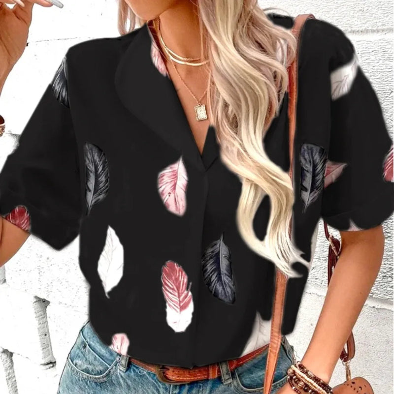 Printed Collared Neck Short Sleeve Blouse - runwayfashionista.com