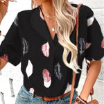 Printed Collared Neck Short Sleeve Blouse - runwayfashionista.com