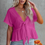 Tied Plunge Short Sleeve Blouse - runwayfashionista.com