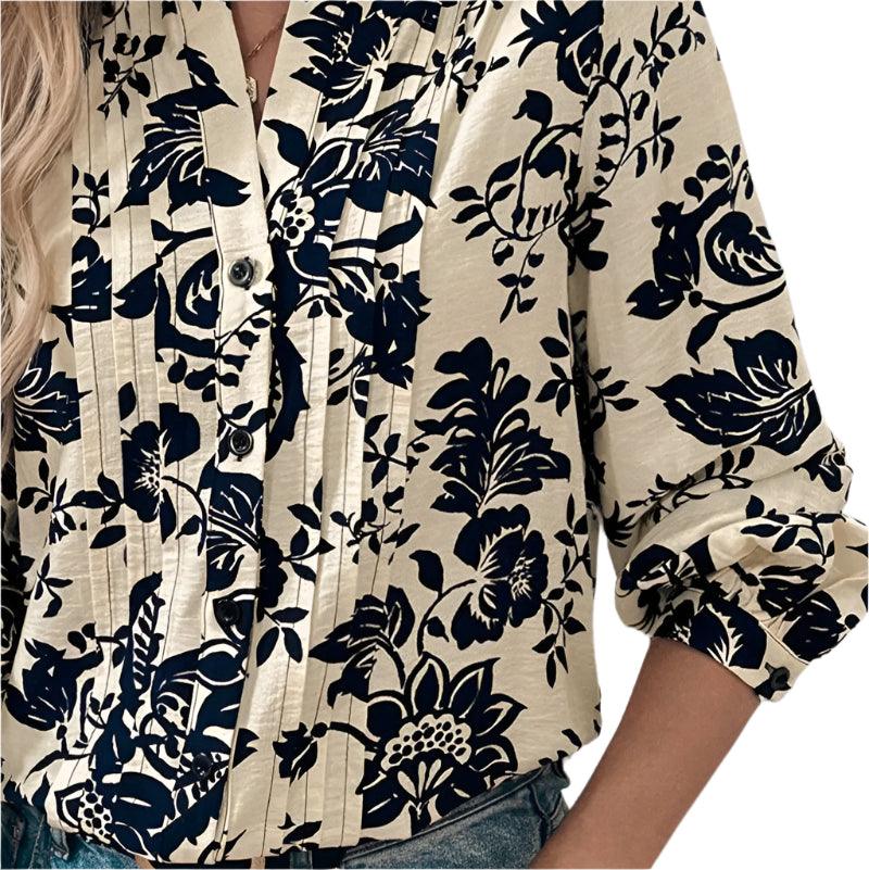 Printed notched long sleeve shirt -runwayfashionista.com