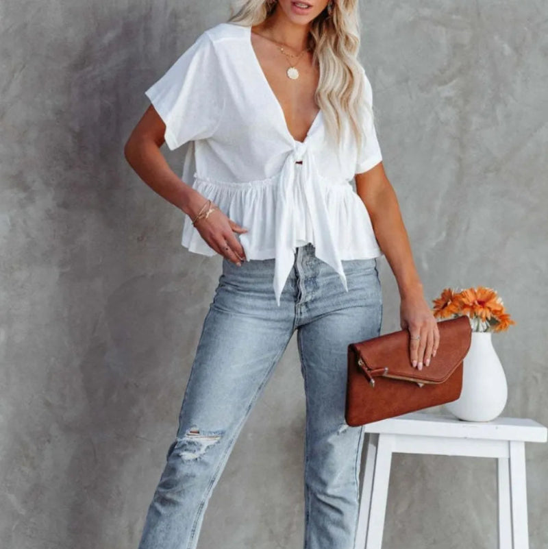 Tied Plunge Short Sleeve Blouse - runwayfashionista.com