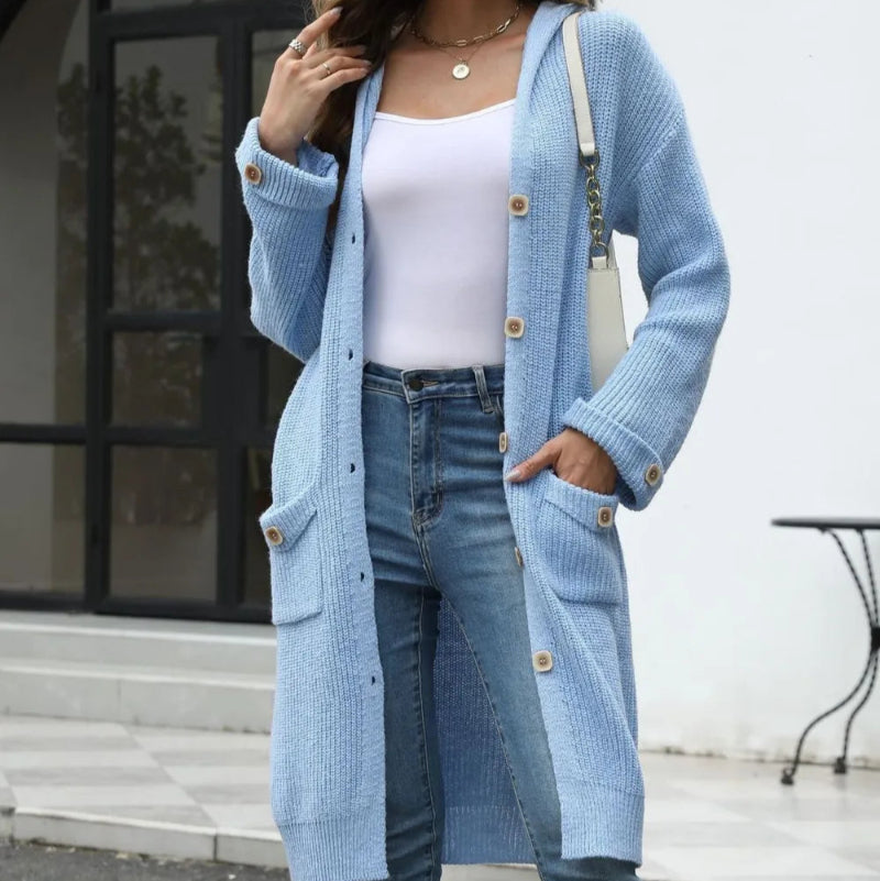 Pocketed Button Up Long Sleeve Hooded Cardigan - runwayfashonista.com